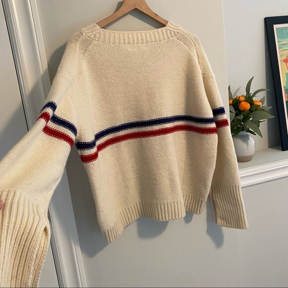 TOMORROWLAND Cream Blue Red Striped Wool V Neck Sweater Small - Picture 6 of 16